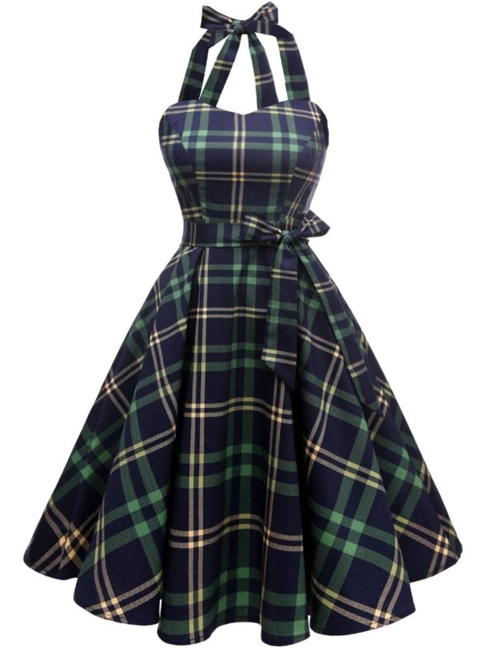 Women's Vintage Polka Audrey 1950s Halter Cocktail Dress- Green Plaid